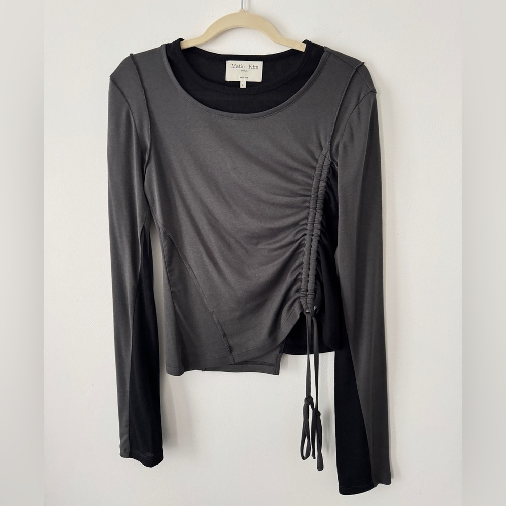 Matin Kim Grey and Black Long-Sleeve Asymmetric Ruched Top
